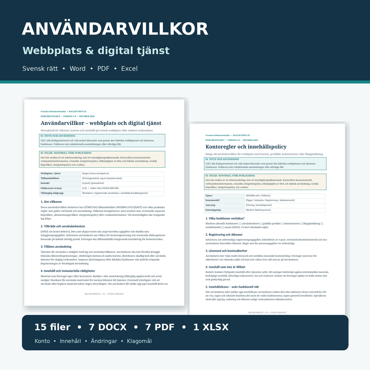 Användarvillkor för webbplats och digital tjänst 2026/2027 – Word PDF Excel, riktig dokumentförhandsvisning
