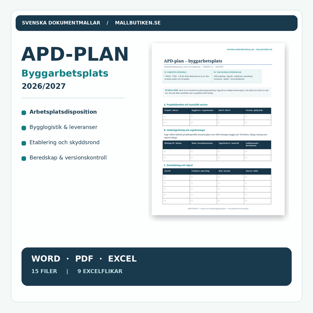 APD-plan 2026 2027 byggarbetsplats etablering logistik Word PDF Excel huvudbild