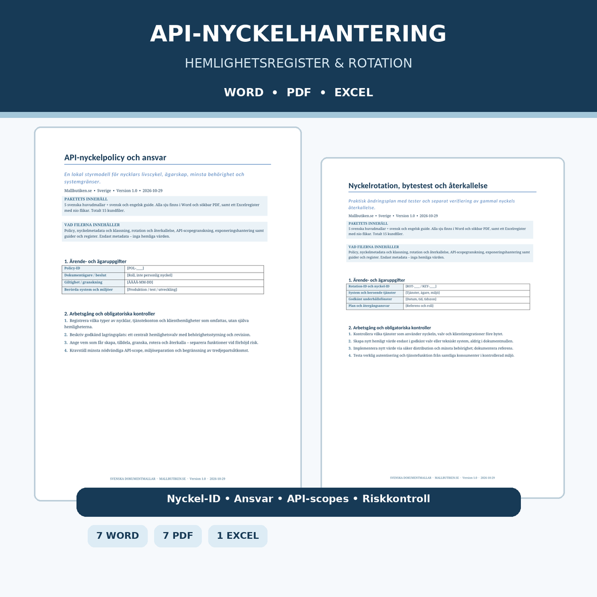 API-nyckelhantering och hemlighetsregister – Word, PDF och Excel för företag