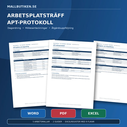 APT mall – arbetsplatsträff med dagordning, protokoll och Excelregister Word PDF