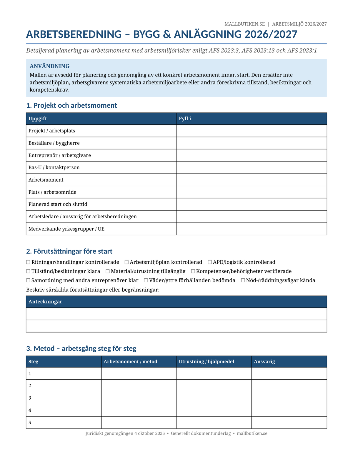 Arbetsberedning bygg anläggning 2026/2027 AFS 2023:3 Word PDF
