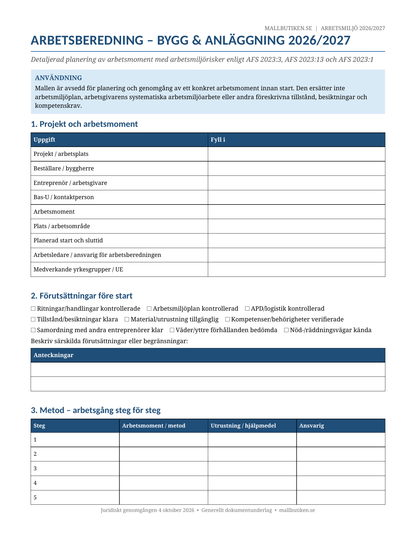 Arbetsberedning bygg anläggning 2026/2027 AFS 2023:3 Word PDF