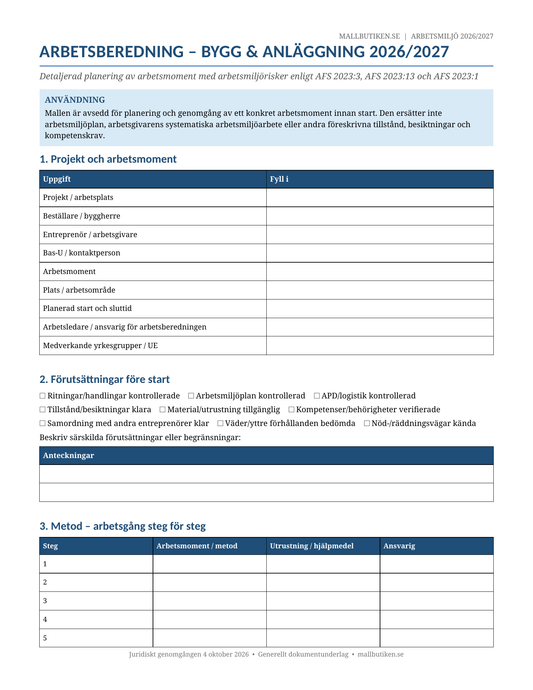 Arbetsberedning bygg anläggning 2026/2027 AFS 2023:3 Word PDF
