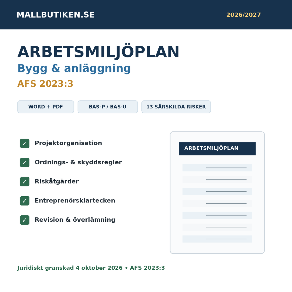 Arbetsmiljöplan 2026/2027 bygg och anläggning AFS 2023:3 Word PDF