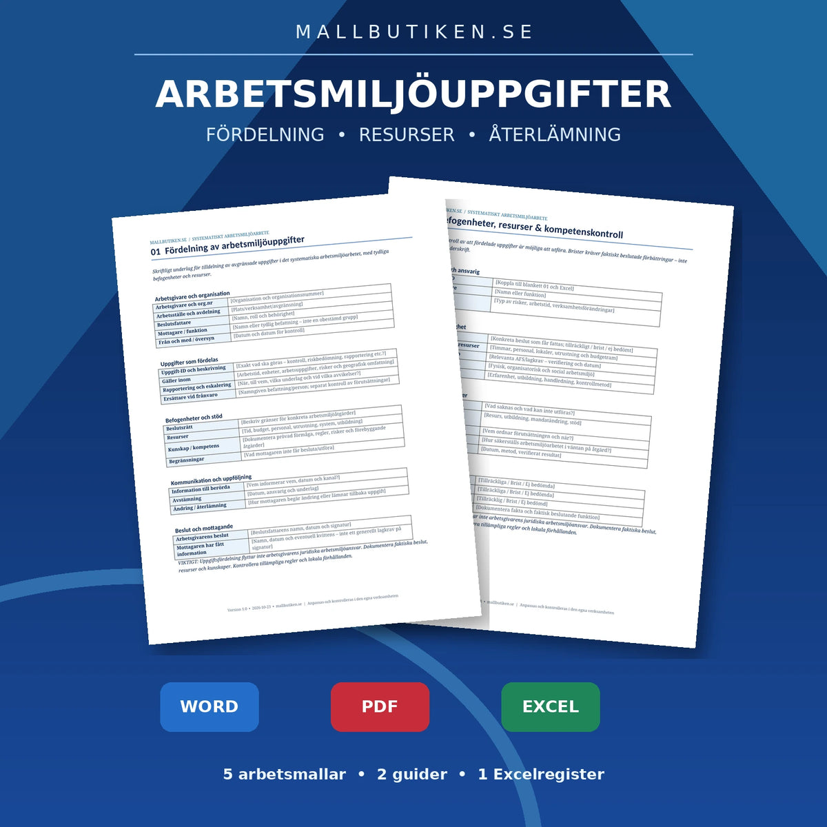 Fördelning av arbetsmiljöuppgifter – fem blanketter, två guider och Excel