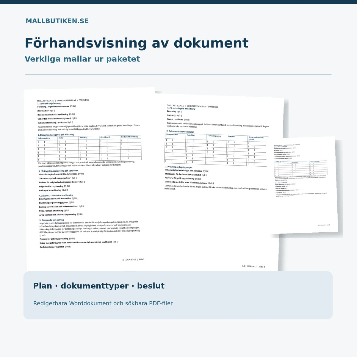 Förhandsvisning av dokumenthanteringsplan, dokumenttyper och gallringsbeslut