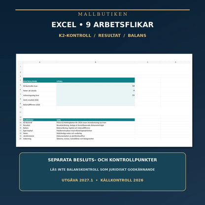 Excel-dashboard för ekonomisk förening K2, resultat balans och K2-kontroll med nio flikar