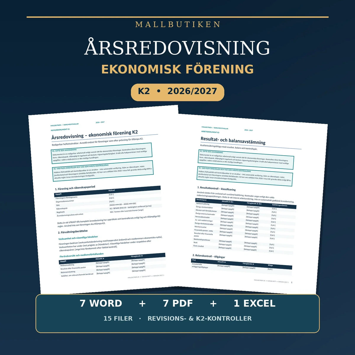 Årsredovisning ekonomisk förening K2 2027 – Word PDF Excel mall med 15 filer