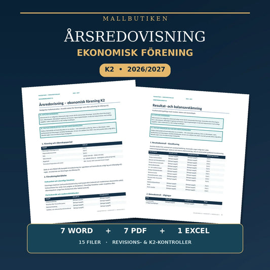 Årsredovisning ekonomisk förening K2 2027 – Word PDF Excel mall med 15 filer