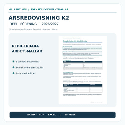 Årsredovisning K2 ideell förening – faktisk huvudmall i Word PDF Excel 2027