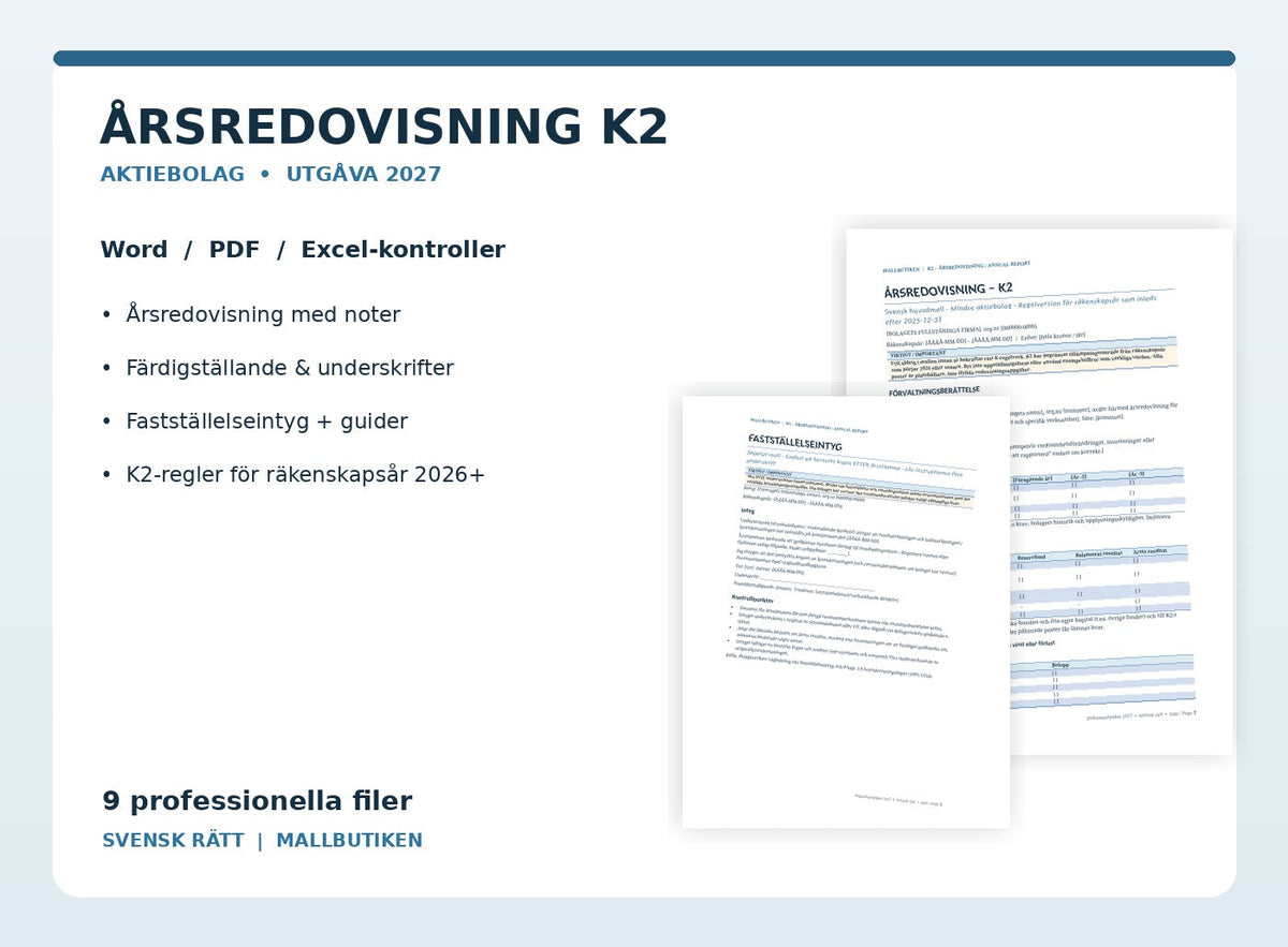Årsredovisning K2 för aktiebolag 2027 – Word PDF Excel-avstämning, fastställelseintyg och guider