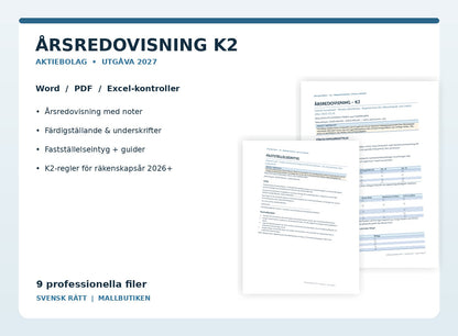 Årsredovisning K2 för aktiebolag 2027 – Word PDF Excel-avstämning, fastställelseintyg och guider