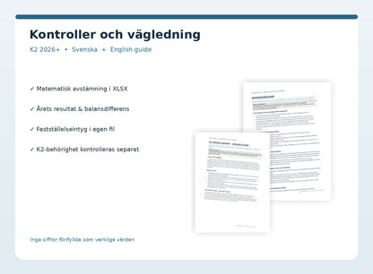 K2 2027 användarguider, fastställelseintyg och kompletterande Excel-kontroller med balansdifferens