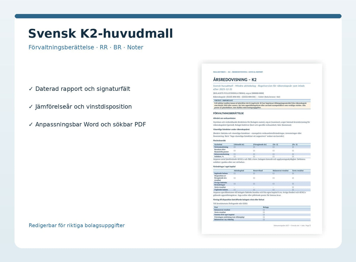 Faktisk Word/PDF förhandsvisning av svensk K2-årsredovisning med förvaltningsberättelse, resultat och balans