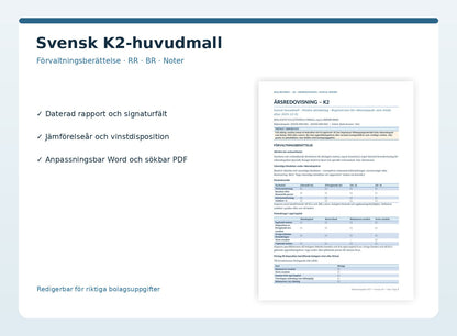 Faktisk Word/PDF förhandsvisning av svensk K2-årsredovisning med förvaltningsberättelse, resultat och balans
