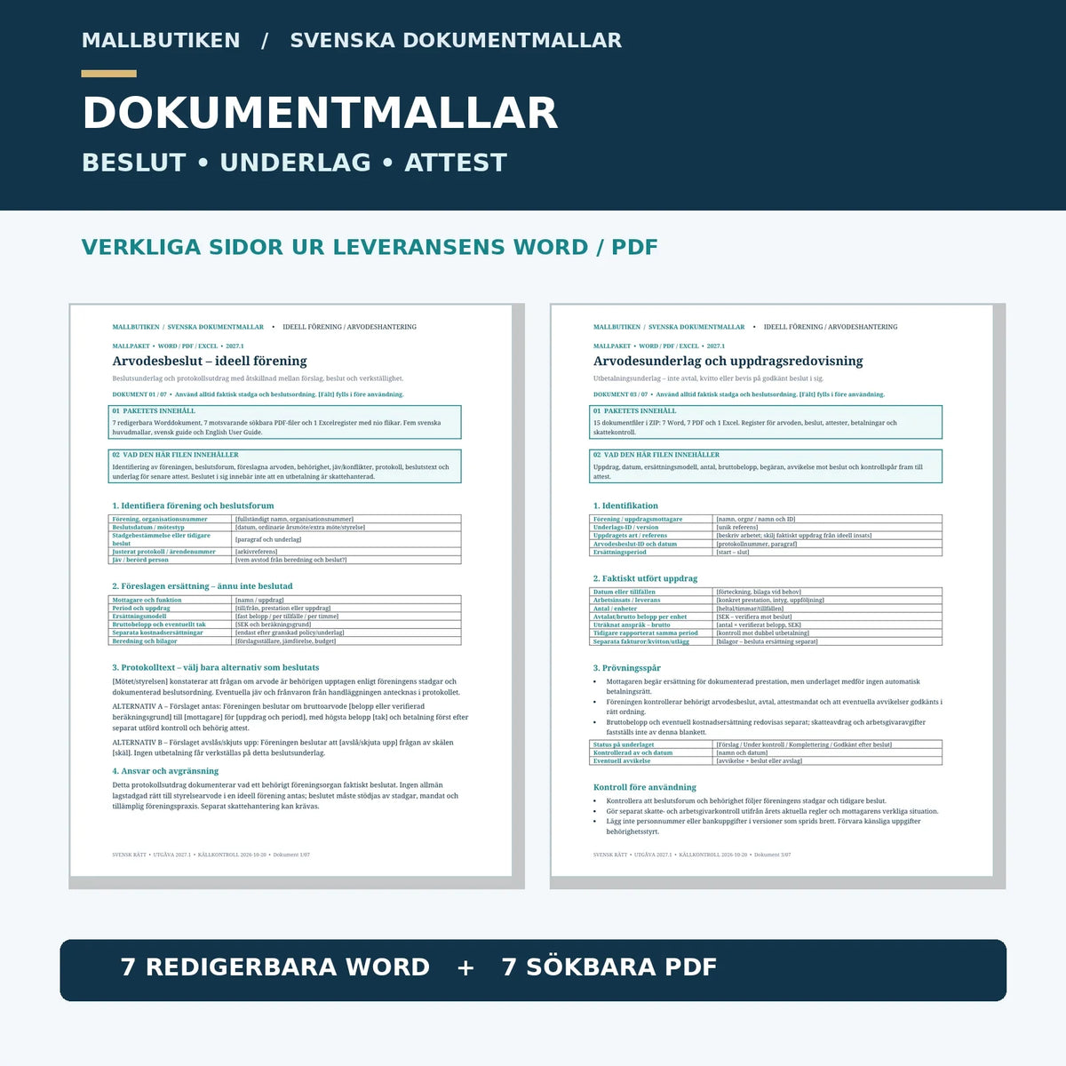 Förhandsvisning av faktiskt arvodesbeslut och arvodesunderlag för ideell förening i Word PDF
