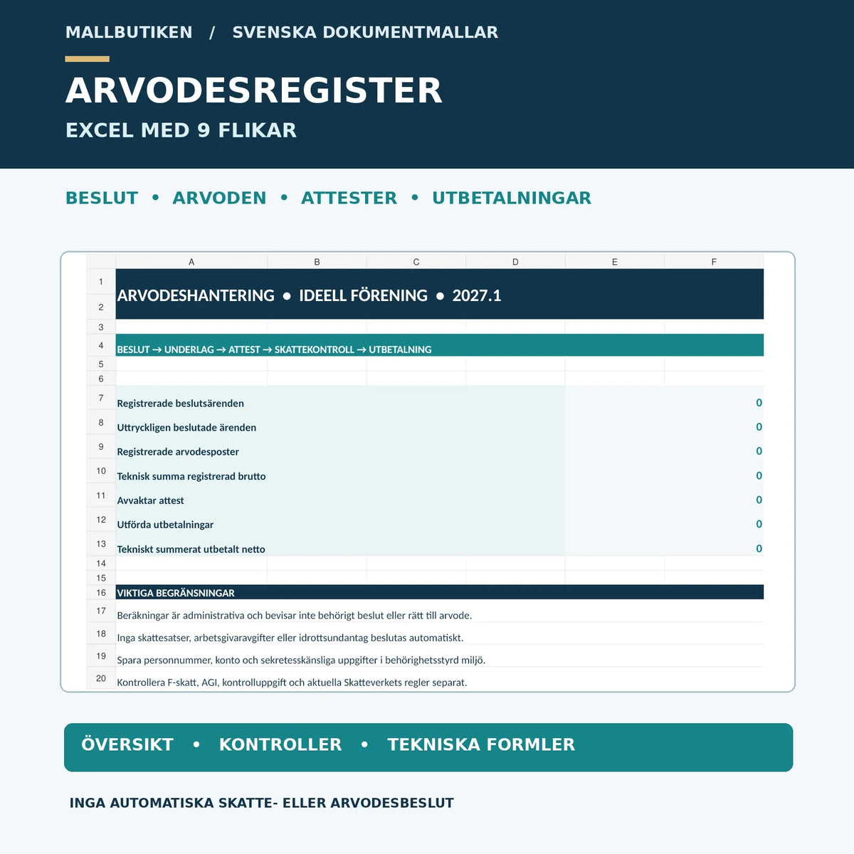 Excel-dashboard arvodesregister ideell förening 2027 – beslut, attest, utbetalning och skattekontroll