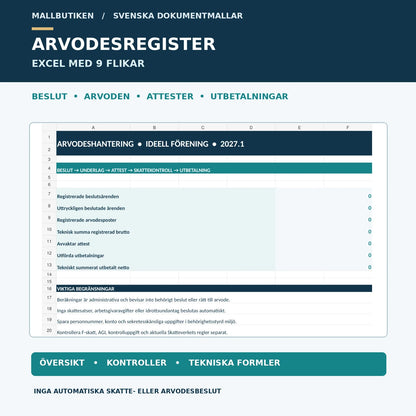 Excel-dashboard arvodesregister ideell förening 2027 – beslut, attest, utbetalning och skattekontroll