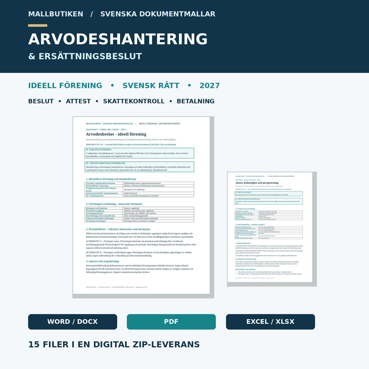 Arvodeshantering ideell förening 2027 – dokumentmallar i Word PDF Excel, 15 filer