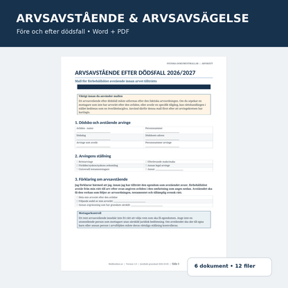 Arvsavstående och arvsavsägelse 2026/2027 – Word PDF mallpaket