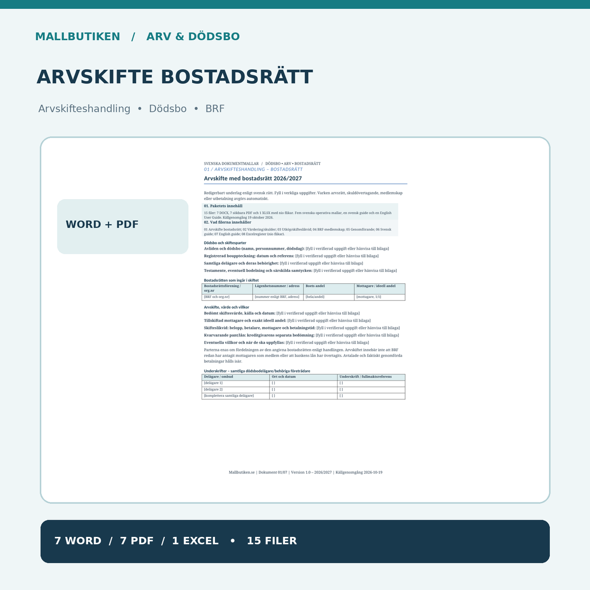 Arvskifte bostadsrätt 2027 Word PDF Excel – arvskifteshandling för dödsbo