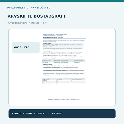 Arvskifte bostadsrätt 2027 Word PDF Excel – arvskifteshandling för dödsbo