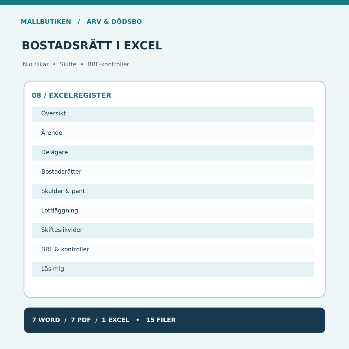 Arvskifte bostadsrätt Excelregister nio flikar – värde, pant och medlemskap