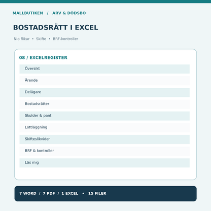 Arvskifte bostadsrätt Excelregister nio flikar – värde, pant och medlemskap