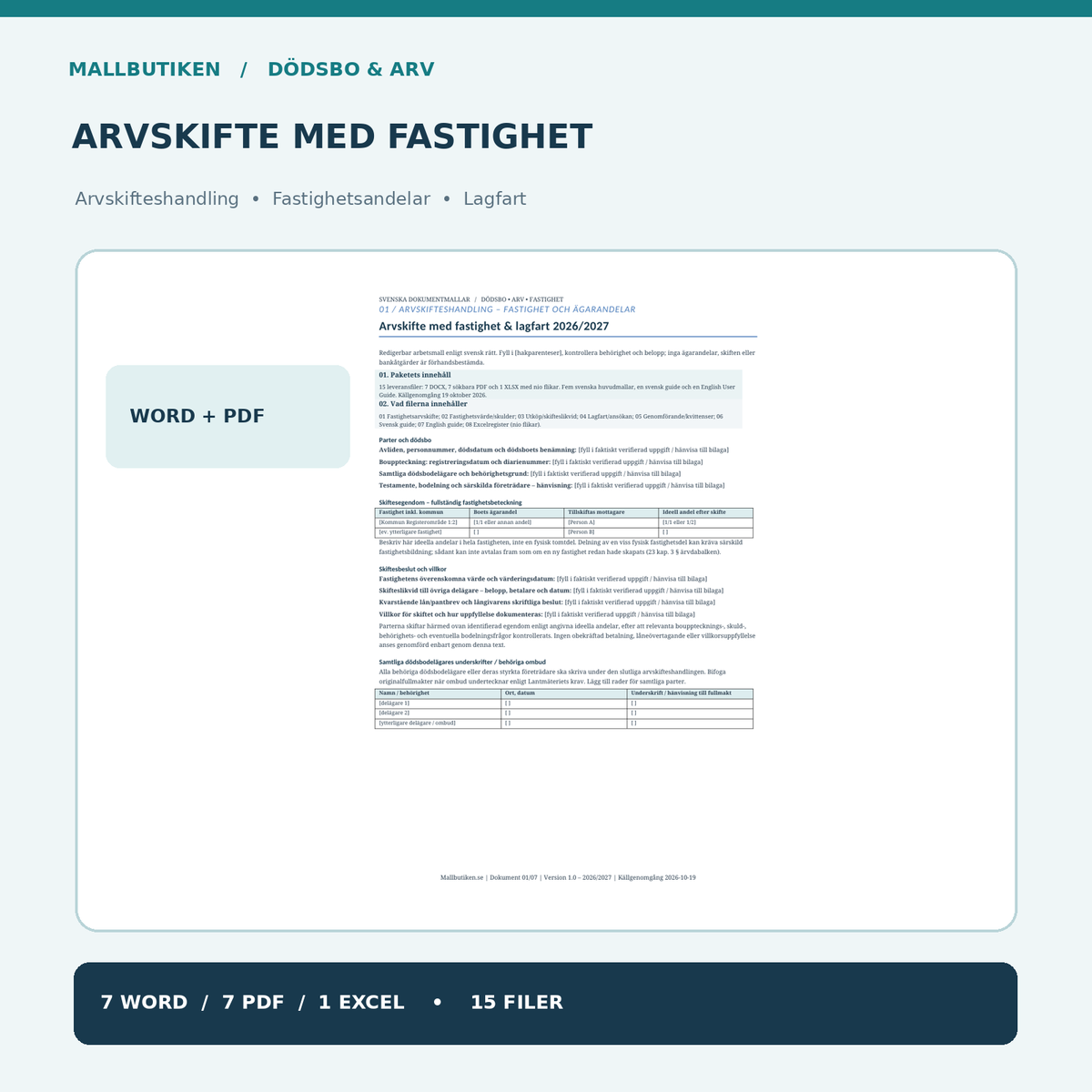 Arvskifte med fastighet Word PDF Excel – fastighetsbeteckning och lagfart 2027