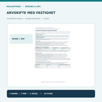 Arvskifte med fastighet Word PDF Excel – fastighetsbeteckning och lagfart 2027