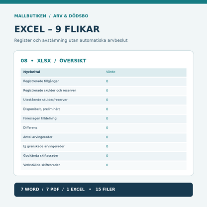 Excelöversikt arvskifte särkullbarn med nio flikar och avstämningsfunktioner