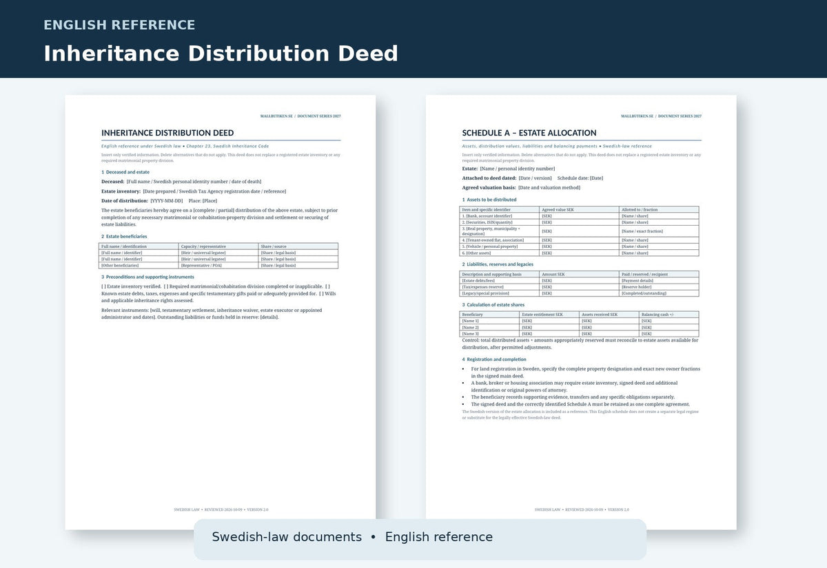 English reference Inheritance Distribution Deed and asset allocation schedule, Swedish law