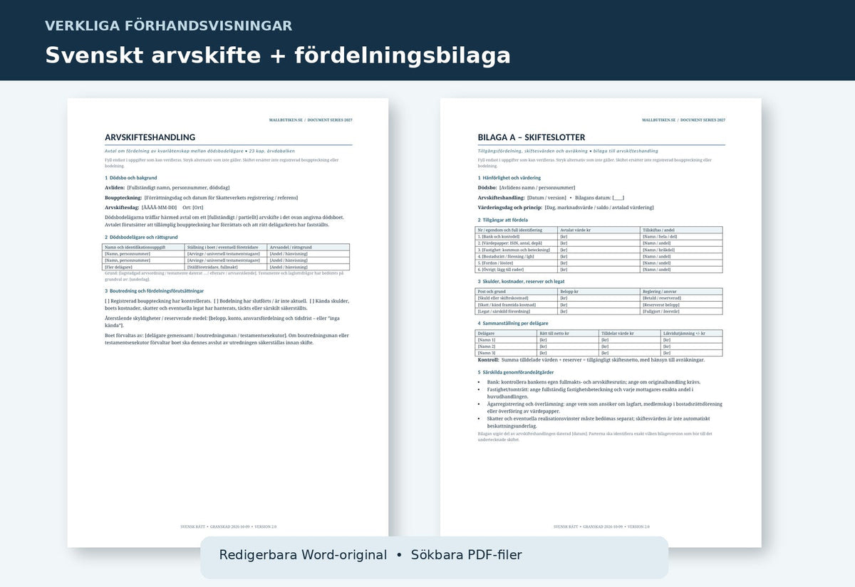 Faktisk svensk arvskifteshandling och fördelningsbilaga med skifteslotter