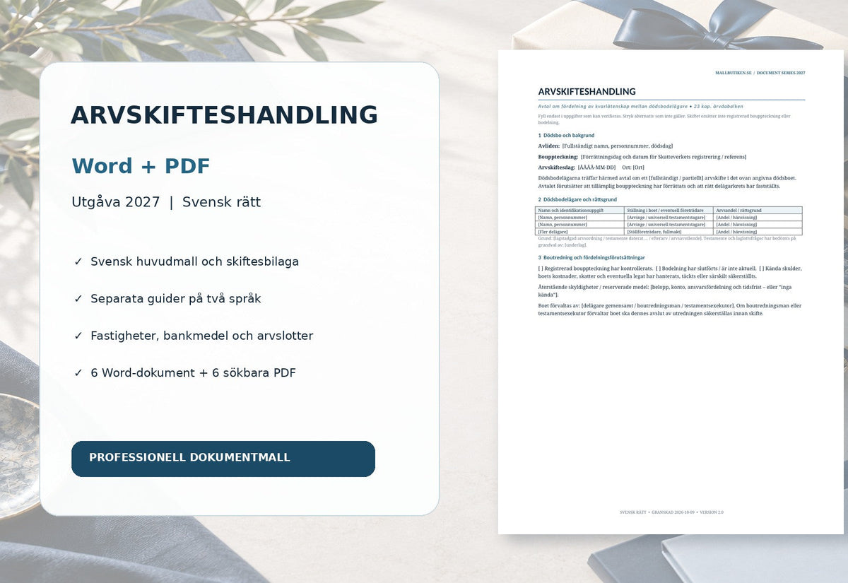 Arvskifteshandling Word/PDF 2027 – dödsbo, tillgångsfördelning, skifteslotter och guider