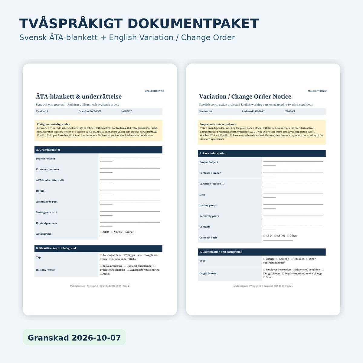 ÄTA-blankett svenska och English Variation Change Order dokumentpaket