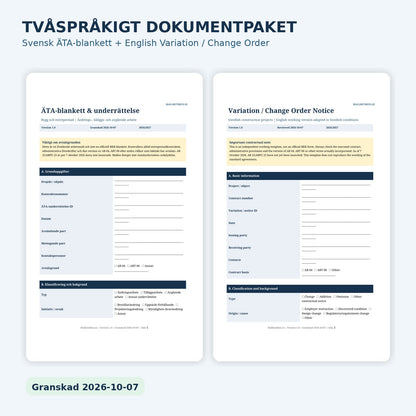 ÄTA-blankett svenska och English Variation Change Order dokumentpaket