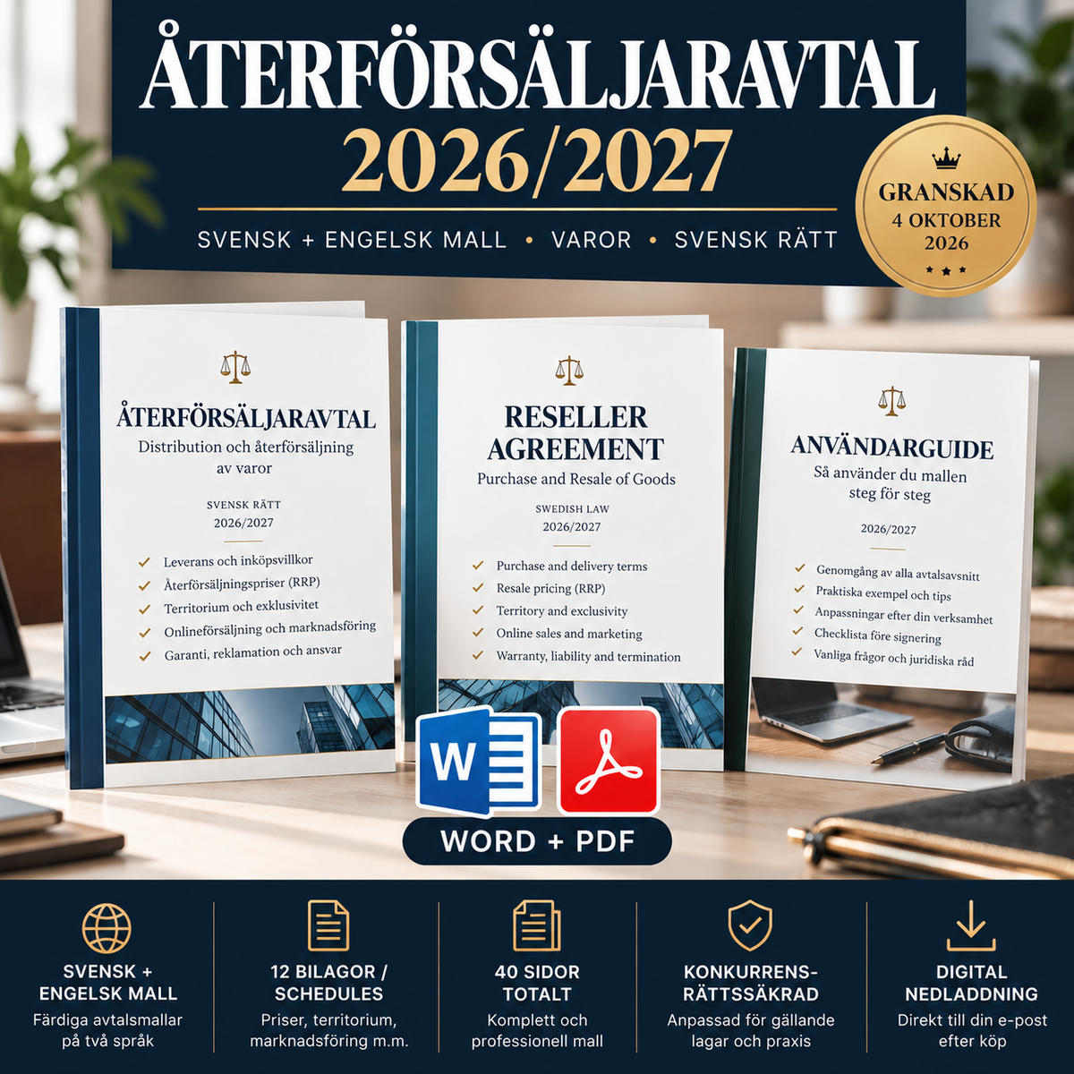 Återförsäljaravtal mallpaket 2026/2027 i Word och PDF på svenska och engelska enligt svensk rätt
