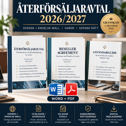 Återförsäljaravtal mallpaket 2026/2027 i Word och PDF på svenska och engelska enligt svensk rätt