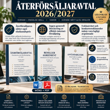 Återförsäljaravtal 2026/2027 med konkurrensrätt, prissättningsfrihet, onlineförsäljning, exklusivitet och konkurrensklausuler