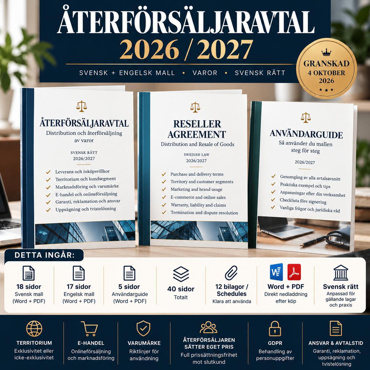 Återförsäljaravtal mallpaket med 40 sidor, 12 bilagor, svensk och engelsk mall samt användarguide