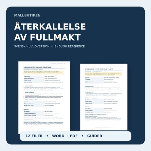 Återkallelse av fullmakt svensk huvudmall Word PDF med English guide, två meddelanden och 12 filer