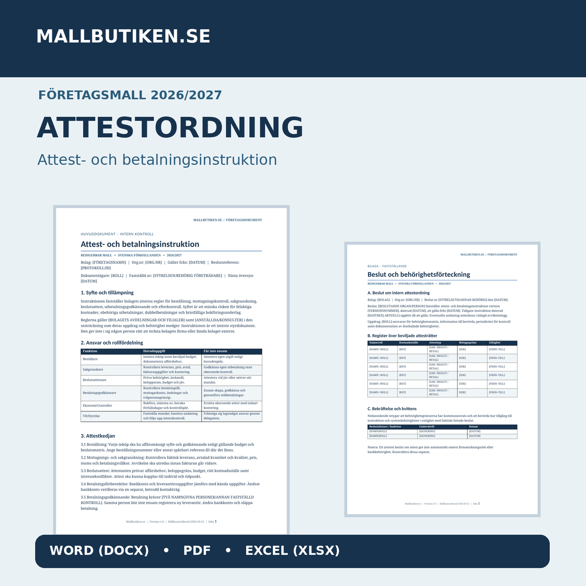 Attestordning och attestinstruktion mall för företag Word PDF Excel