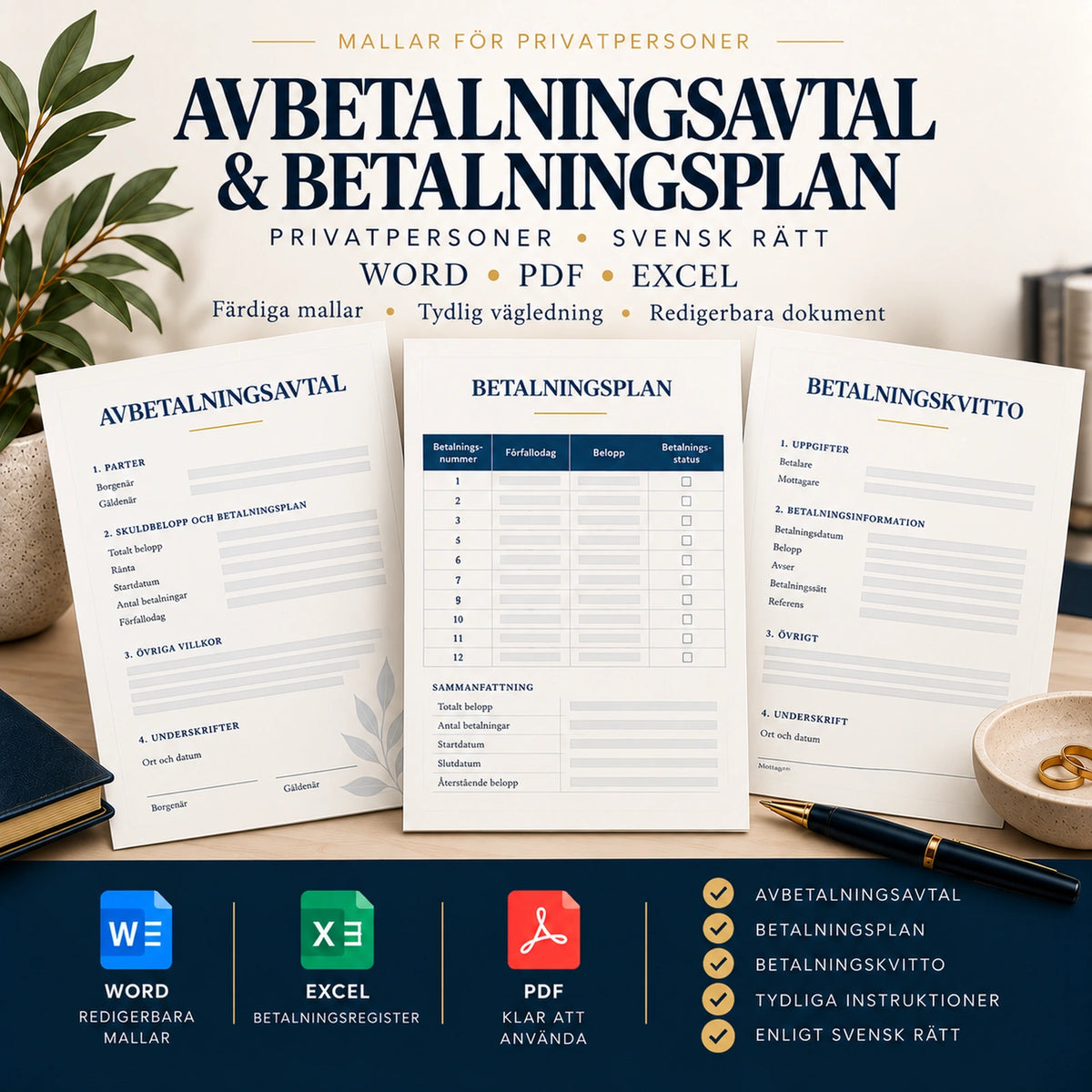 Avbetalningsavtal och betalningsplan privatperson – Word PDF Excel, svensk dokumentmall