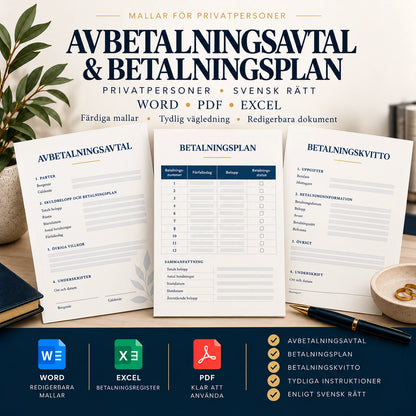 Avbetalningsavtal och betalningsplan privatperson – Word PDF Excel, svensk dokumentmall