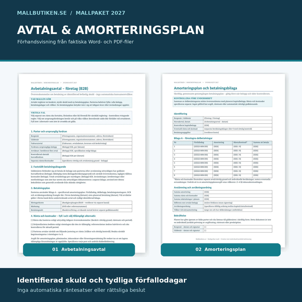 Förhandsvisning av faktiskt avbetalningsavtal och amorteringsplan i Word och PDF – Mallbutiken.se