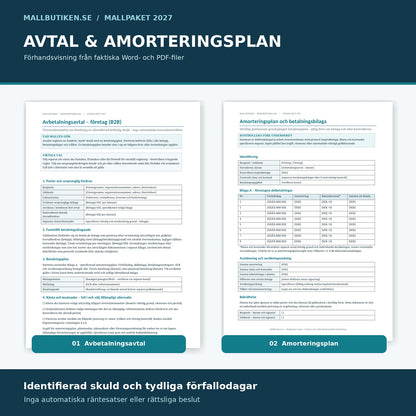 Förhandsvisning av faktiskt avbetalningsavtal och amorteringsplan i Word och PDF – Mallbutiken.se
