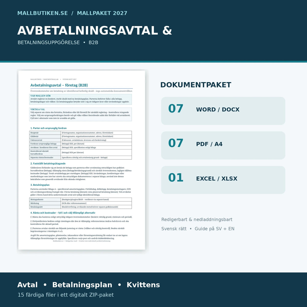 Avbetalningsavtal och betalningsuppgörelse B2B 2027 – verklig Word-mall med 7 DOCX, 7 PDF och Excelregister
