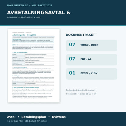 Avbetalningsavtal och betalningsuppgörelse B2B 2027 – verklig Word-mall med 7 DOCX, 7 PDF och Excelregister