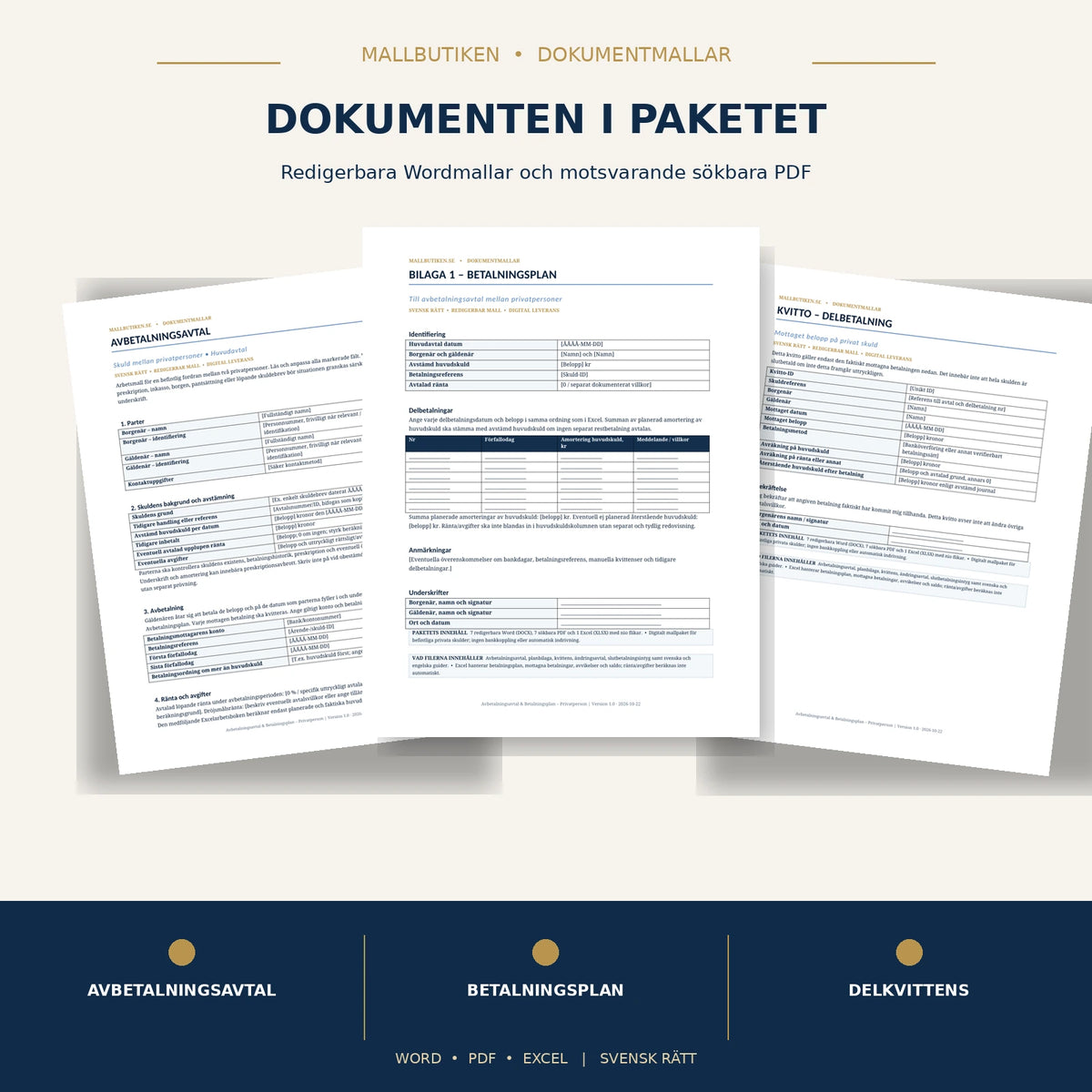 Verkliga Word och PDF förhandsvisningar av privat avbetalningsavtal, betalningsplan och kvitto