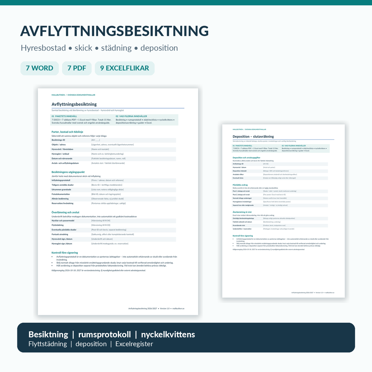 Avflyttningsbesiktning 2026/2027 – verkliga Word-, PDF- och Excelmallar för utflyttning och slutbesiktning